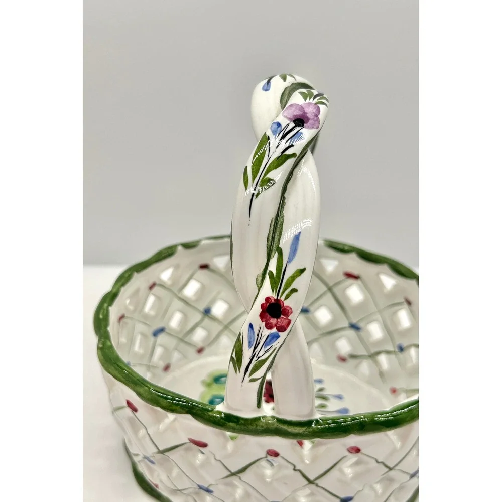 RCCL Hand Painted Portugal Ceramic Lattice Basket Floral Twisted Handle Floral